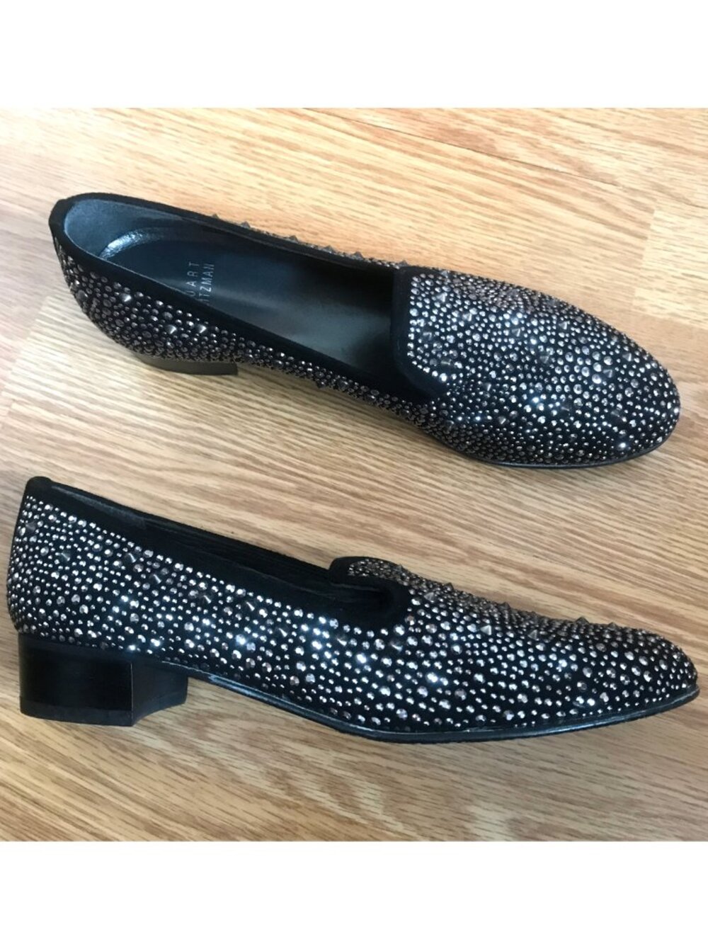Stuart Weitzman Slipbeads Black Suede Studded Sparkly Rhinestone Loafers 8 - Picture 11 of 12